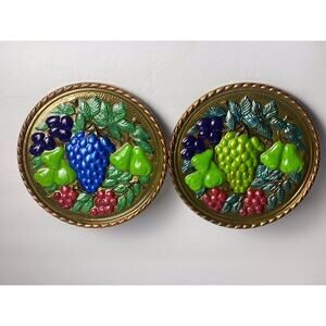 Round Painted Brass Metal 6" Fruit/Pocket Wall Hanging Made In England-Set of 2
